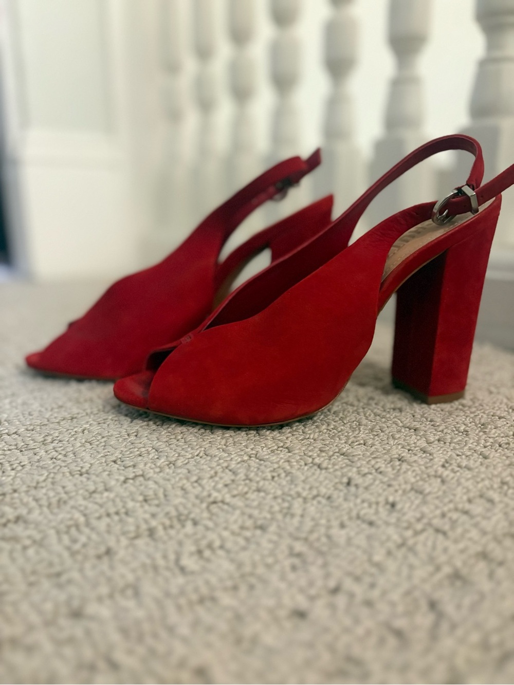Schutz Red Suede Open-Toe Block Heel Slingback